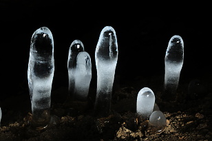 Skupinka ľadových stalagmitov vo vchode do dobývky osvetlená zvonka. Banište, Kopanice.